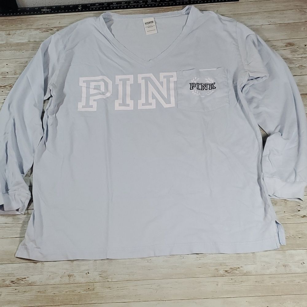 Victoria's Secret VS PINK Light Blue White V-Neck Long‎ Sleeve Tee T-Shirt Large